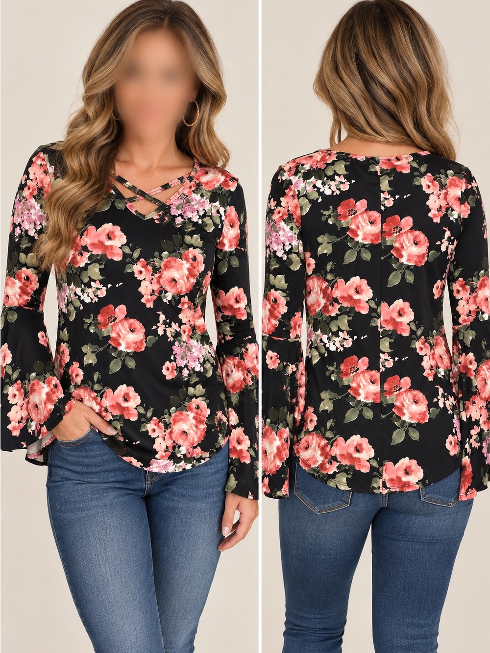 Signature Studio Black Floral Crisscross V-Neck Bell Sleeve Top